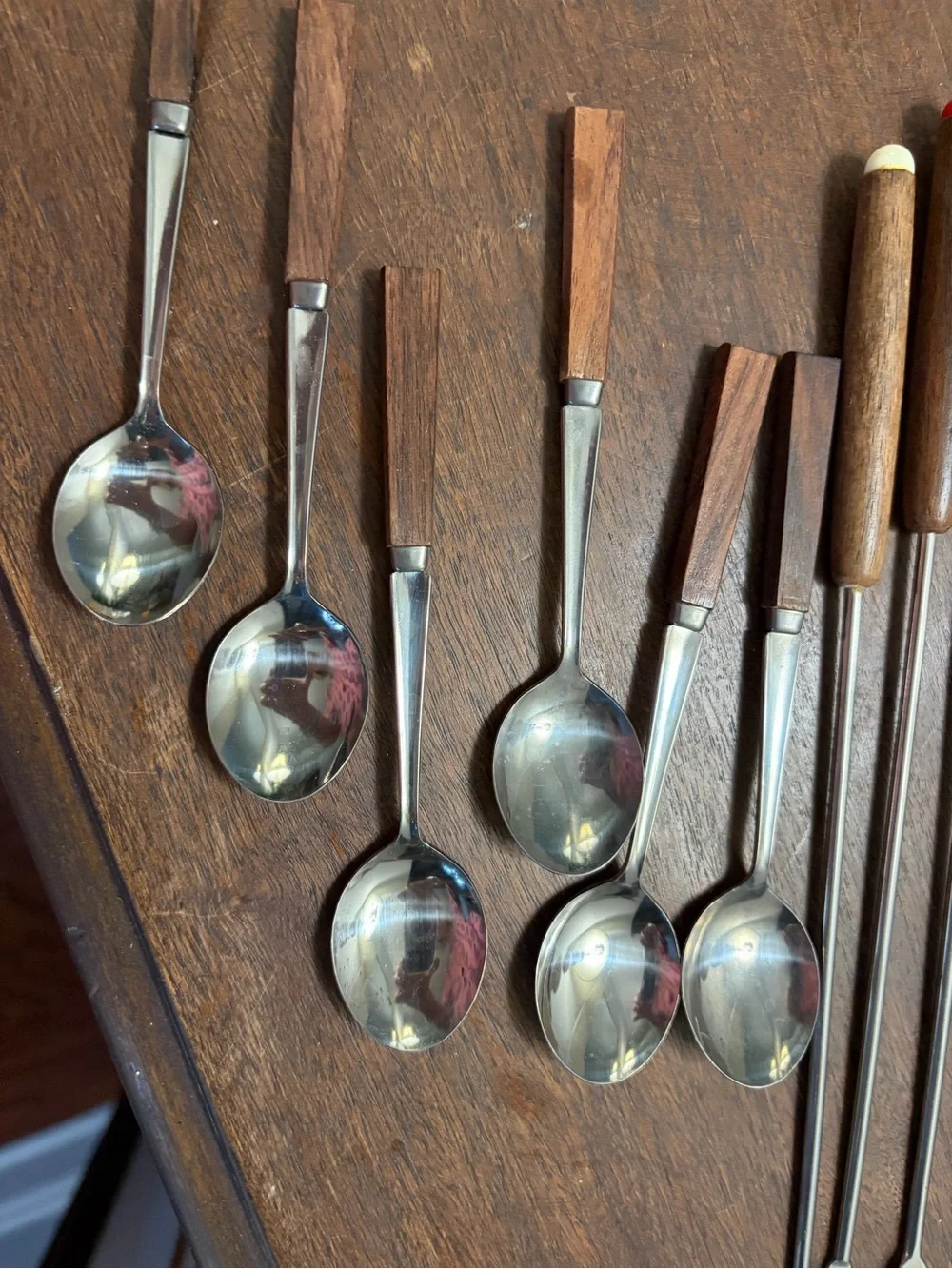 Vintage Wood-Handle Fondue Fork and Spoon Set Mid-Century Modern entertaining
